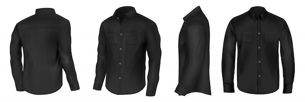 Klasyczna koszula z czarnego jedwabiu z długimi rękawami i kieszeniami na piersiach z pół obrotu z przodu, z boku iz tyłu