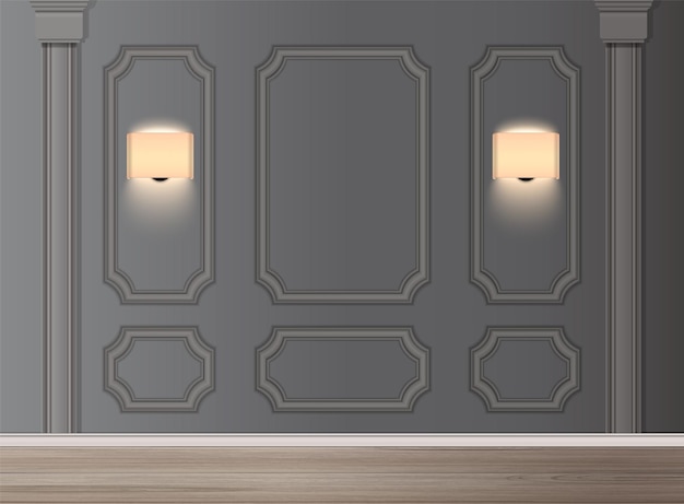 Bezpłatny wektor klasyczne wnętrze ze świecącymi lampami i panelami ściennymi realistyczna ilustracja wektorowa