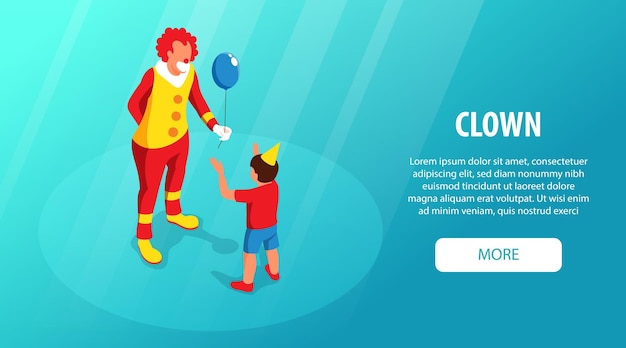 Bezpłatny wektor klaun w kolorowym kostiumie i peruce, dając niebieski balon małemu chłopcu izometryczny poziomy baner strony internetowej ilustracji wektorowych