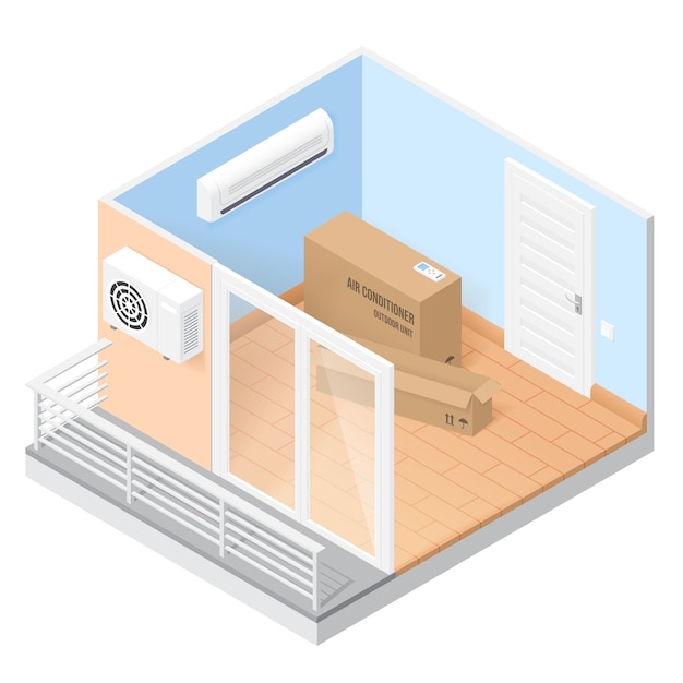 Bezpłatny wektor klimatyzator w pustym pokoju z balkonem. izometryczna ilustracja domu lub biura z systemem warunkowym. koncepcja instalacji klimatyzacji wentylacyjnej w domu lub mieszkaniu