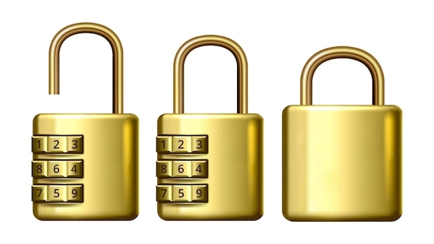 Bezpłatny wektor kłódka zabezpieczenie bezpieczeństwa z kluczem kodowym zablokowana kłódka ochrona prywatności narzędzie do zamykania skrzynki z hasłem system blokowania bezpieczny szablon wyposażenia realistyczna ilustracja 3d