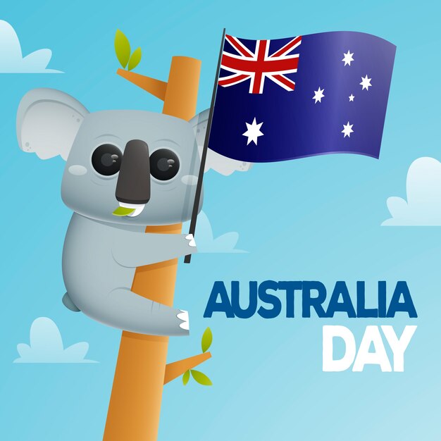 Koala na pniu, trzymając flagę Australii