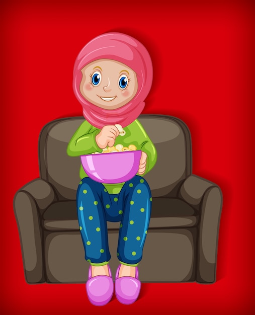 Bezpłatny wektor kobieca muzułmańska kreskówka na charakter jedzenie popcornu