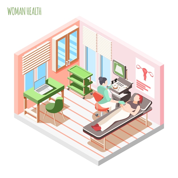 Kobiet zdrowie isometric skład z kobiety lekarką i kobietą kłaść na leżance podczas ultradźwięku sprawdza wektorową ilustrację
