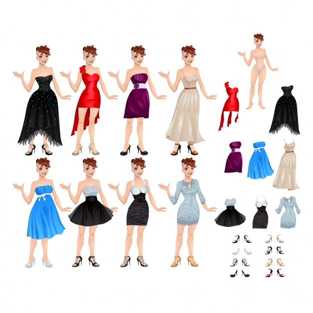 Bezpłatny plik Wektor kobieta avatar sukienki i buty wektora ilustracji samodzielnie obiektów 8 różnych sukienki i buty 8