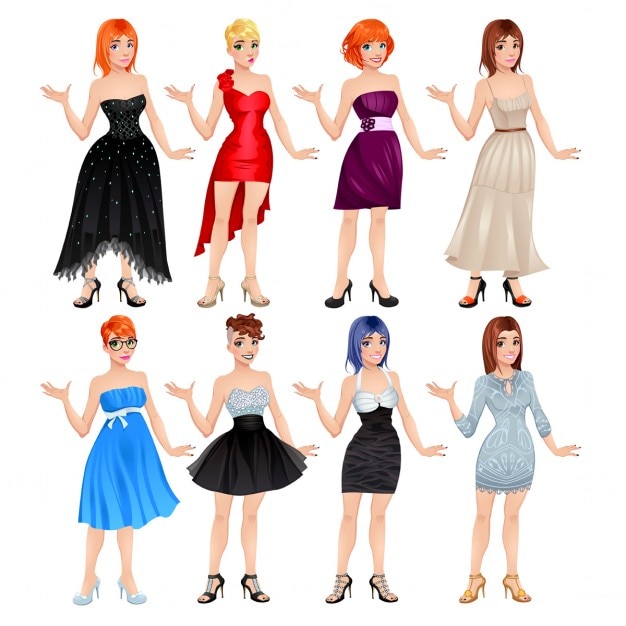 Bezpłatny wektor kobieta avatar sukienki i buty wektora ilustracji samodzielnie obiektów 8 różnych sukienki i buty 8