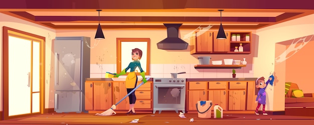 Kobieta i dziewczynka robi czyszczenia w kuchni
