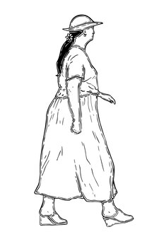 Kobieta idzie z naleśnikowymi włosami w kucyk z kwiatem w t-shirtowej czapce i długiej spódnicy doodle linear
