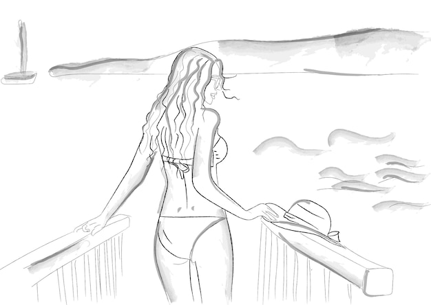 Bezpłatny wektor kobieta na plaży wektor storyboardy elegancki kapelusz