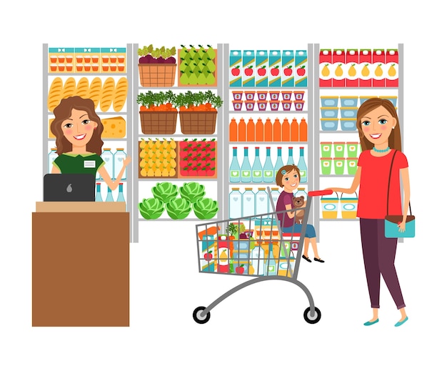 Bezpłatny wektor kobieta na zakupy w sklepie spożywczym. rynek klienta, sprzedaż supermarketu, kasjer i handel detaliczny, ilustracji wektorowych