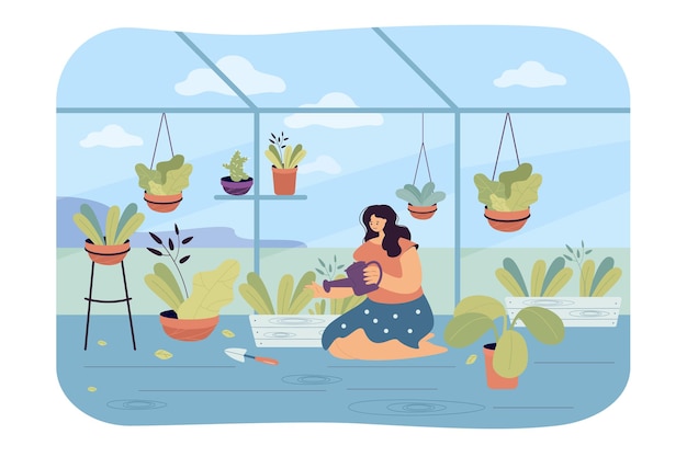 Bezpłatny wektor kobieta podlewania roślin w wewnętrznym ogrodzie. płaska ilustracja