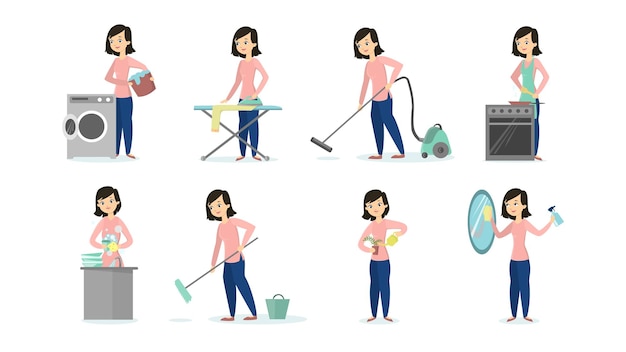 Bezpłatny wektor kobieta robi prace domowe na białym tle czyszczenie i prasowanie, gotowanie i odkurzanie
