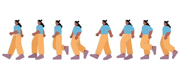 Bezpłatny wektor kobieta spacer cykl sekwencji animacji do gry ramki na zdjęcia z afrykańską nastolatką nastolatką spacerującą ruch arkusz sprite przechodnia ruch pieszy ilustracja kreskówka płaski wektor linii