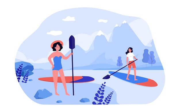 Kobieta wiosła na pokład na jeziorze w górach. kobieca postać w stroju kąpielowym stojący na brzegu z ilustracji wektorowych płaski wiosło. aktywność na świeżym powietrzu, koncepcja sportowa do projektowania stron internetowych lub strony docelowej
