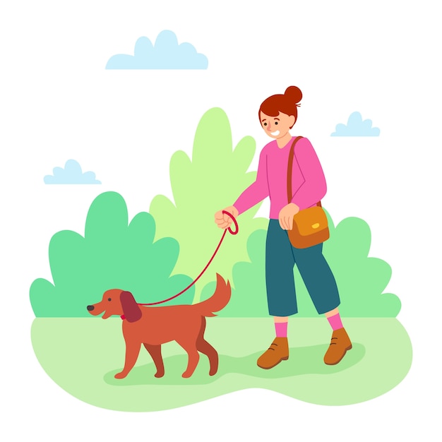 Bezpłatny wektor kobieta wyprowadza swojego psa