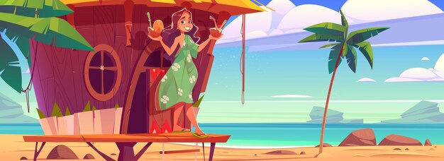 Kobieta z koktajlami w tiki chacie na plaży na Hawajach. Uśmiechnięta dziewczyna ubrana w letnią sukienkę trzymająca napoje kokosowe stoi na drewnianym tarasie na piaszczystym wybrzeżu oceanu z palmami, ilustracja kreskówka wektor