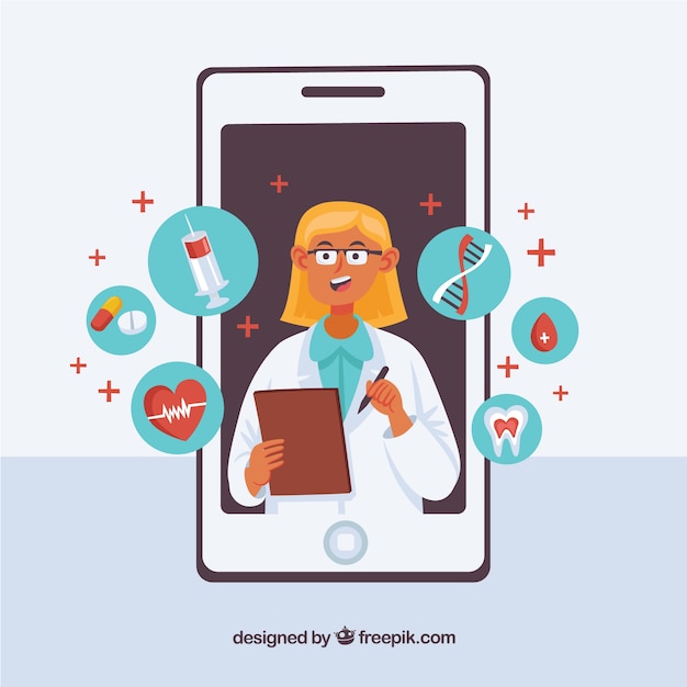 Bezpłatny wektor kobiety lekarka w smartphone z ikonami
