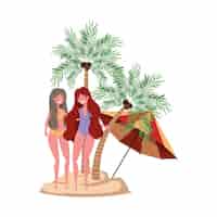 Bezpłatny wektor kobiety na plaży z kostiumem kąpielowym i palmami