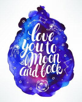 Kocham cię tak mocno jak stąd do księżyca i z powrotem. piękna kartka z deklaracją miłości i astronautów. ręcznie rysowana ilustracja