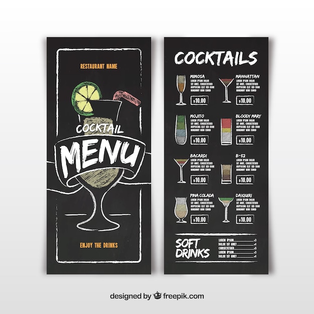 Bezpłatny wektor koktajl bar menu w stylu tablica