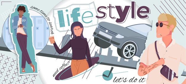 Bezpłatny wektor kolaż stylu życia ludzi z mężczyznami i kobietami w samochodzie, surfowanie po sieci, picie kawy, płaski wektor ilustracji