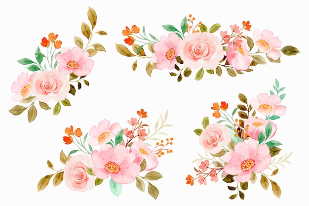Kolekcja akwarela różowego bukietu kwiatów