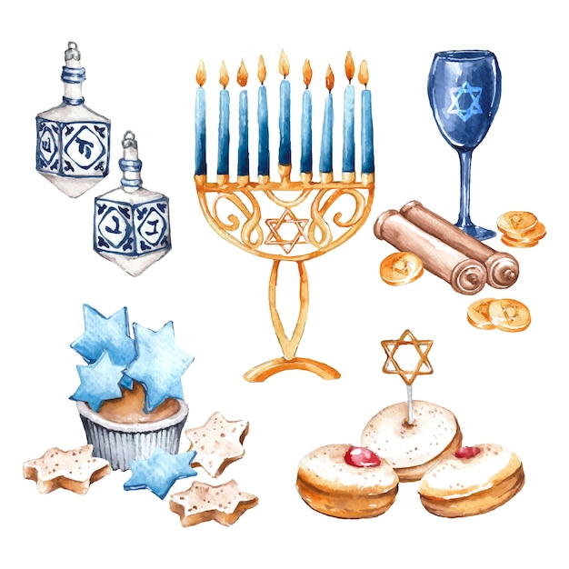 Kolekcja Akwarelowych Elementów Hanukkah