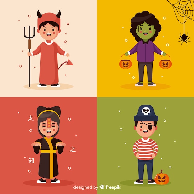 Bezpłatny wektor kolekcja cute halloween kostiumy dla dzieci na płaskiej konstrukcji