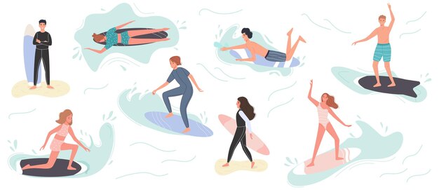 Kolekcja cute surfujących ludzi w strojach kąpielowych surfingu. Surferzy z deską surfingową na letniej plaży i fali morskiej.