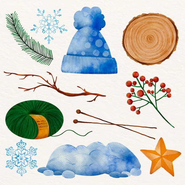 Bezpłatny wektor kolekcja elementów akwareli na obchody sezonu zimowego