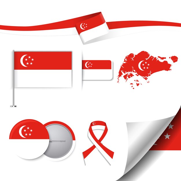 Kolekcja elementów biurowych z flagą singapore design