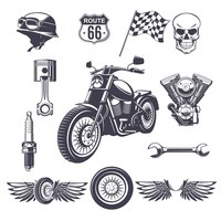 Kolekcja elementów rocznika motocykla