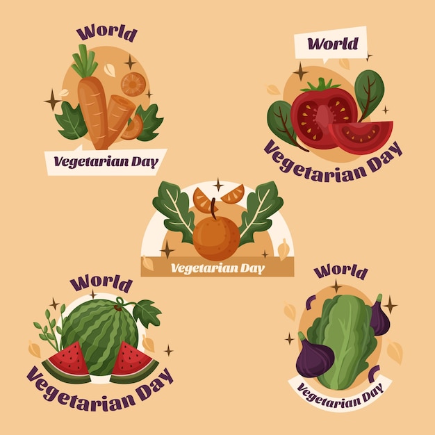Bezpłatny wektor kolekcja etykiet płaskich światowych dni wegetariańskich