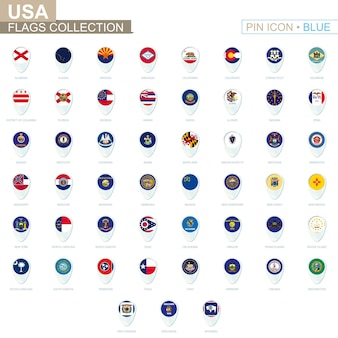 Kolekcja flagi stanu usa. duży zestaw niebieski pin ikona z flagami stanów zjednoczonych. ilustracja wektorowa.