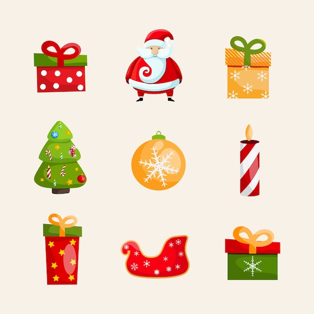 Kolekcja Ikon Bożego Narodzenia Z Mikołajem, Zabawką łabędzia, Pudełkami Na Prezenty, świecą, Choinką I Bombką