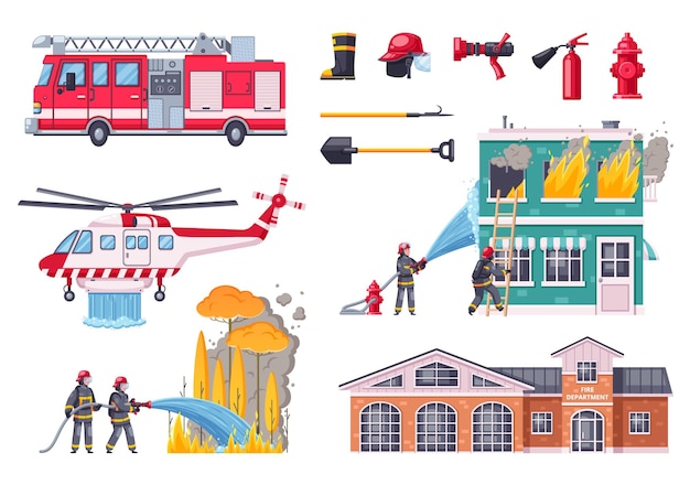 Bezpłatny wektor kolekcja ikon kreskówka strażaków z odosobnionymi kompozycjami wyposażenia pojazdów przeciwpożarowych, płonących domów i ilustracji wektorowych drzew