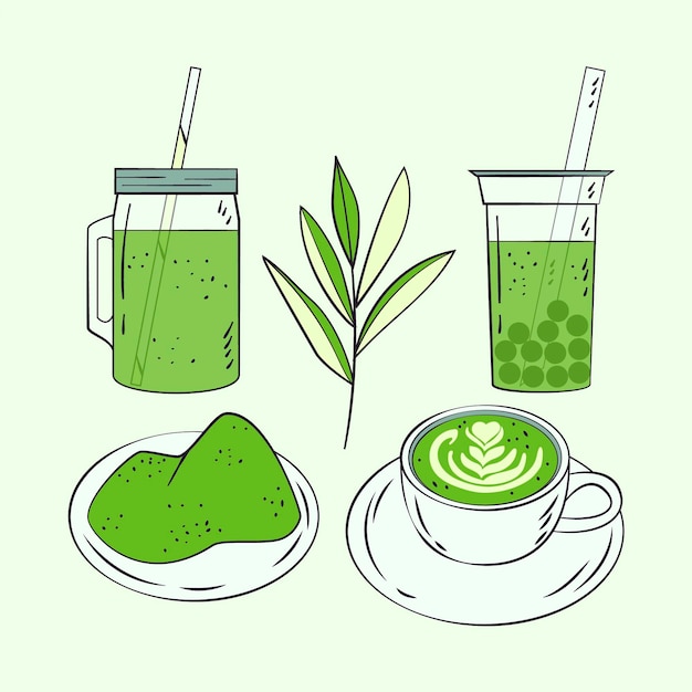 Bezpłatny wektor kolekcja ilustracji herbaty matcha