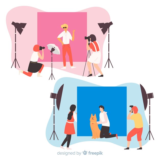 Kolekcja ilustrowanych fotografów fotografujących różnymi modelami