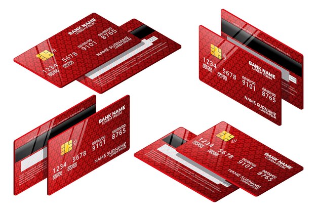 Kolekcja izometrycznych czerwonych kart kredytowych