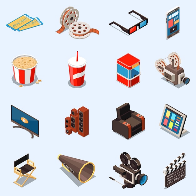 Bezpłatny wektor kolekcja izometrycznych ikon kina z odosobnionymi obrazami biletów na sprzęt filmowy i rolką na ilustracji wektorowych pustego tła