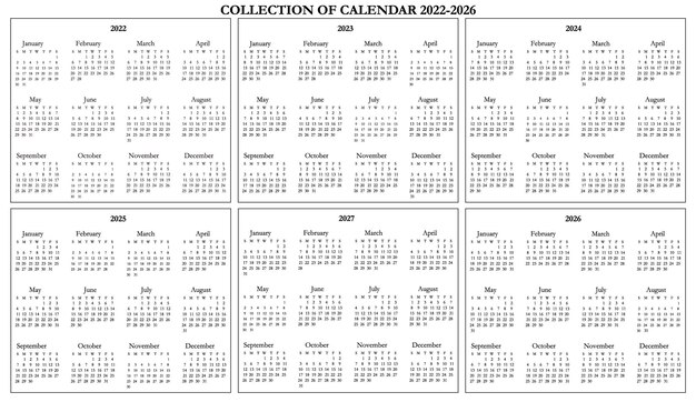 Kolekcja kalendarza czarno-białego 2022-2026