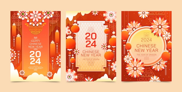 Bezpłatny wektor kolekcja kart z pozdrowieniami na chiński festiwal nowego roku