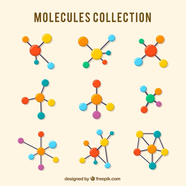Bezpłatny wektor kolekcja kolorowej cząsteczki w płaskim deseniu