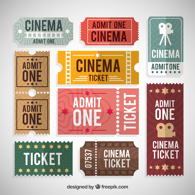 Bezpłatny wektor kolekcja kolorowych biletu kinowego w płaskiej konstrukcji