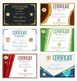 Kolekcja kolorowych certyfikatów lub dyplomów szablon projektu retro