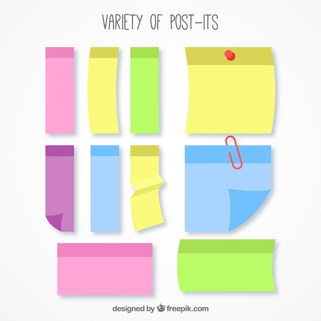 Kolekcja kolorowych post-it o różnych kształtach