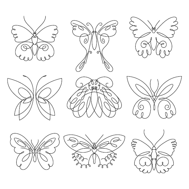 Kolekcja Liniowych Płaskich Konturów Motyli