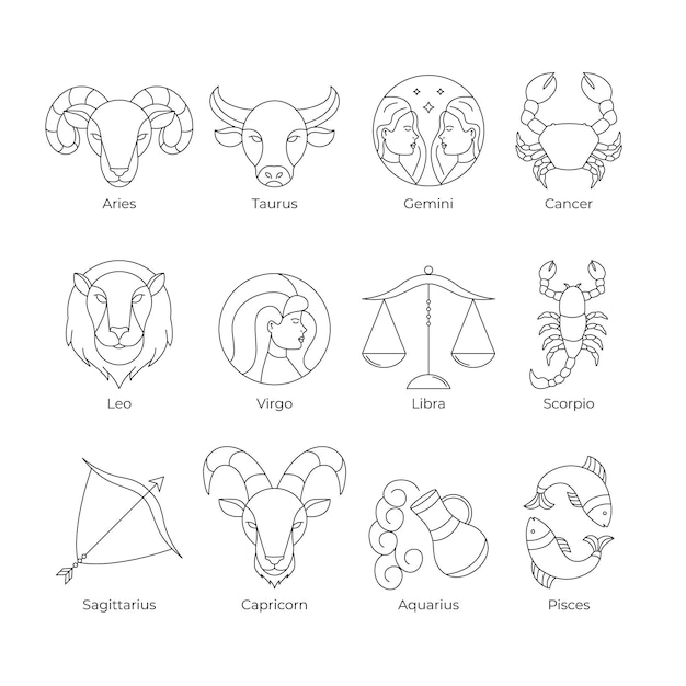 Kolekcja liniowych płaskich znaków zodiaku