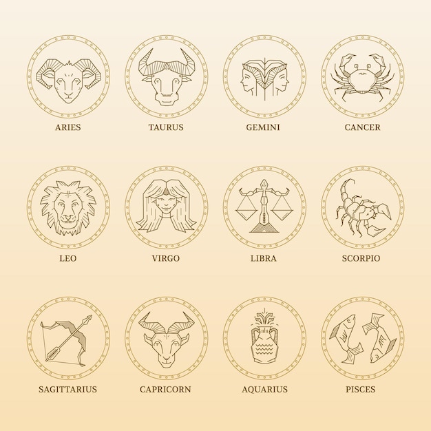 Kolekcja Liniowych Płaskich Znaków Zodiaku