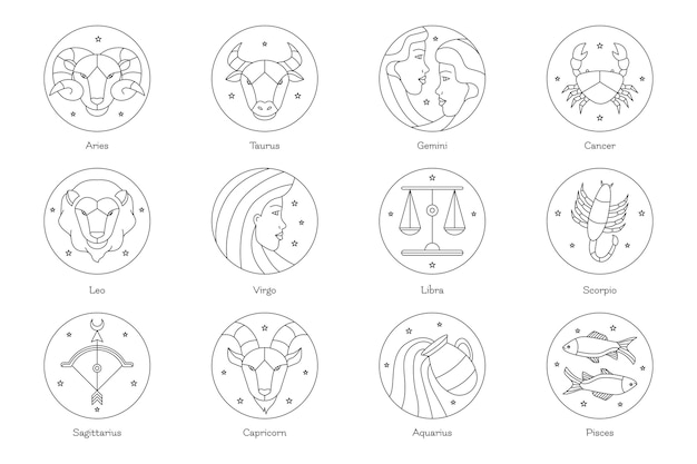 Kolekcja liniowych płaskich znaków zodiaku